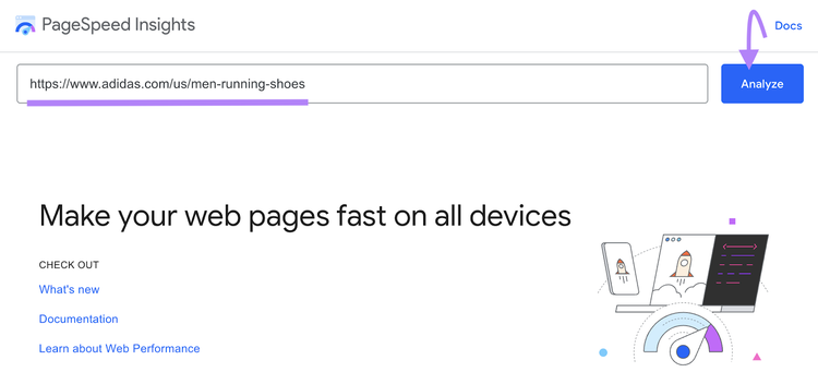 Enter the URL in PageSpeed Insights tool