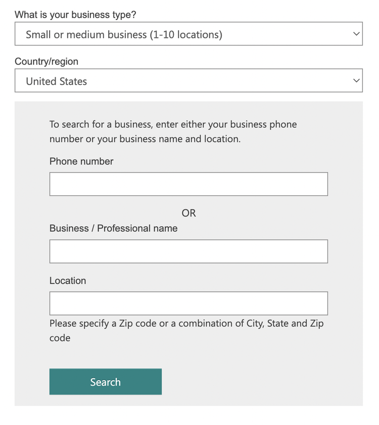 a box with questions pops up when you are manually setting up a business listing on Bing Places for Business