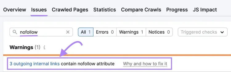 Site Audit warning: 3 outgoing internal links contain nofollow attribute