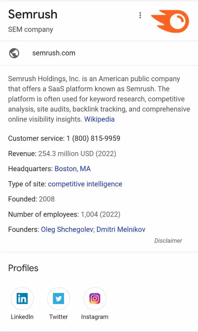 Semrush knowledge panel on mobile SERP