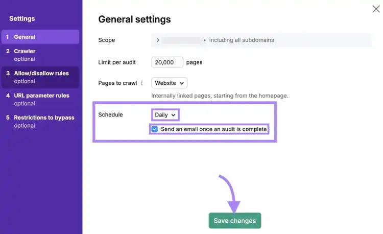 Scheduling frequency selected, "Send an email once an audit is complete" checked, and "Save changes" clicked on Site Audit settings.