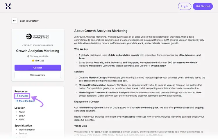Partner profile page with backlink to services page highlighted