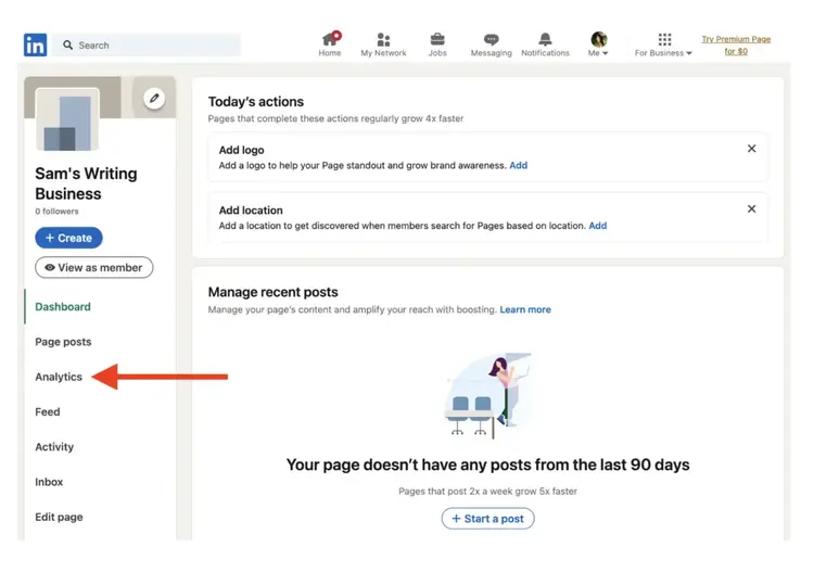 LinkedIn Business Page Dashboard showing Analytics menu location