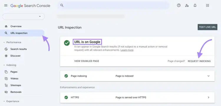 URL Inspection on Google Search Console with "URL is on Google" and the "Request Indexing" button highlighted.