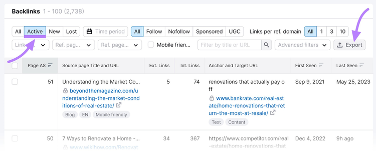 filtering for “Active” backlinks