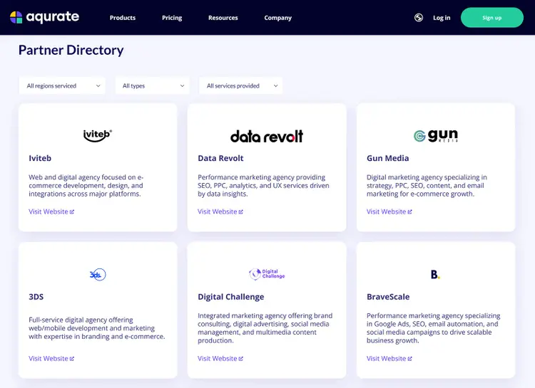 Aqurate agency partner directory listing marketing agencies with website links