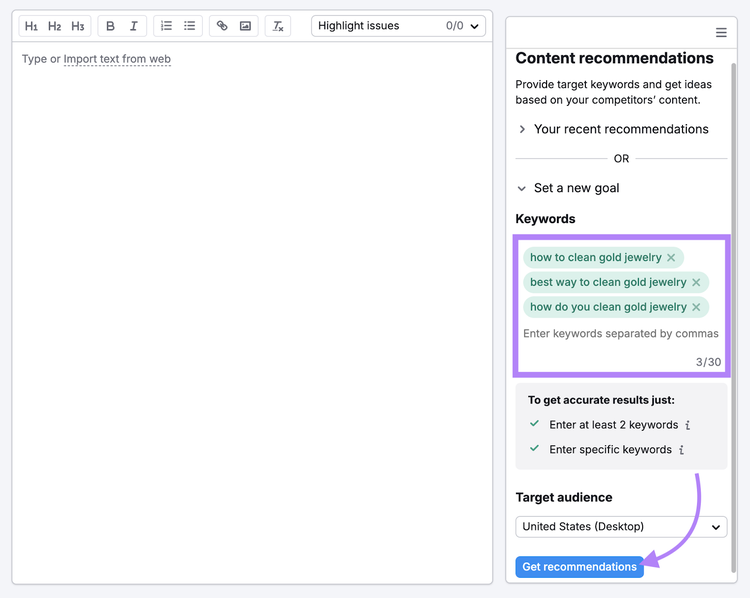 keywords entered into SEO Writing Assistant