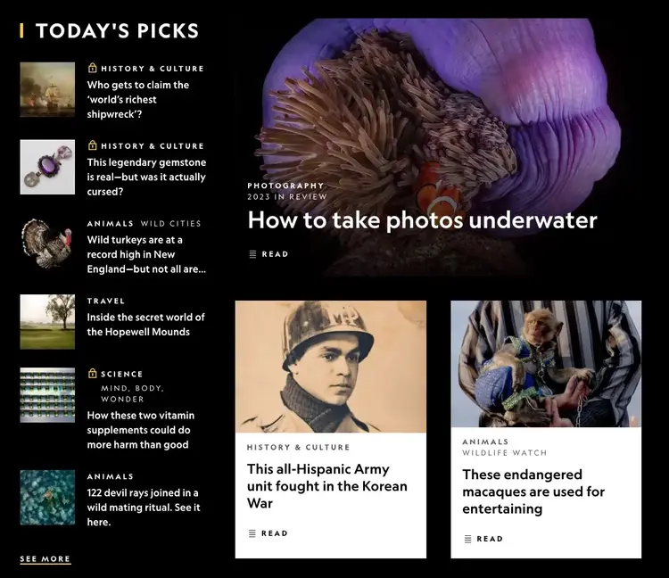 National Geographic's today's picks section