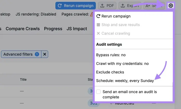 The gear icon clicked and "Schedule:" selected from the drop-down on the Site Audit tool.