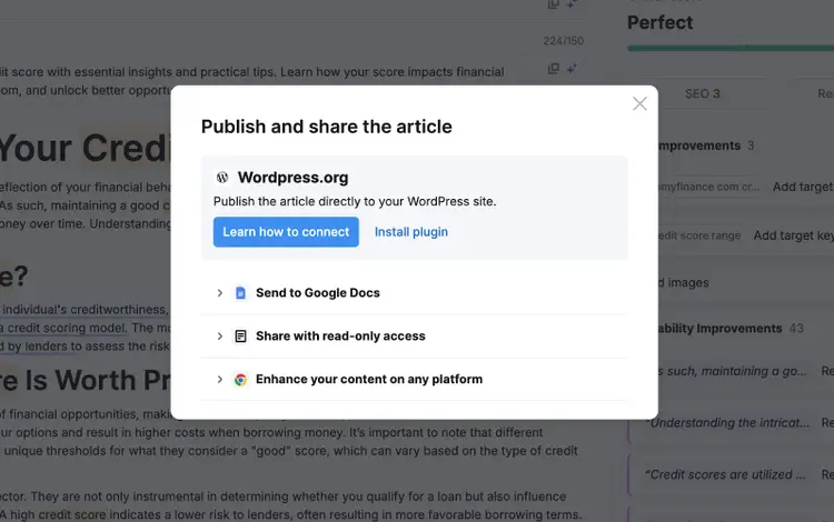 Modal dialog for publishing article to WordPress with connection options