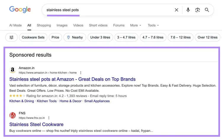 Google SERP for the term "stainless steel pots" with the sponsored results at the top of the page highlighted.