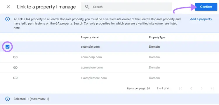 Search Console property checked and arrow pointing to Confirm button on Link to a property I manage step