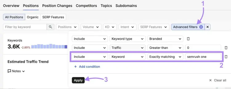 Applying an advanced filter to only show branded keywords related to a recent campaign generating traffic on the Organic Rankings tool.