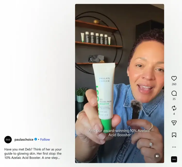 Instagram Reel creator holding Paula's Choice Azelaic Acid Booster product
