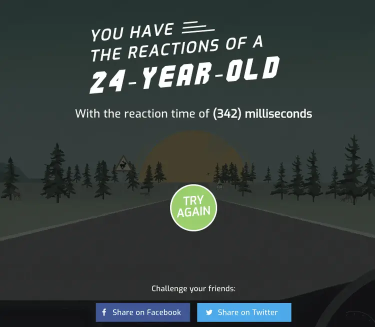 JustPark reaction time test result showing 24-year-old reaction speed 342 milliseconds
