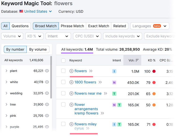 Keyword Magic Tool results for the "flower" search