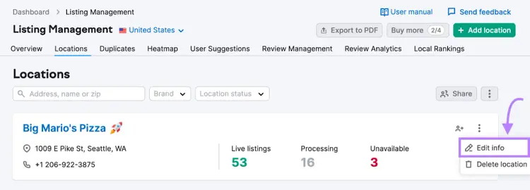 “Edit Info” link highlighted next to "Big Mario's Pizza" listing