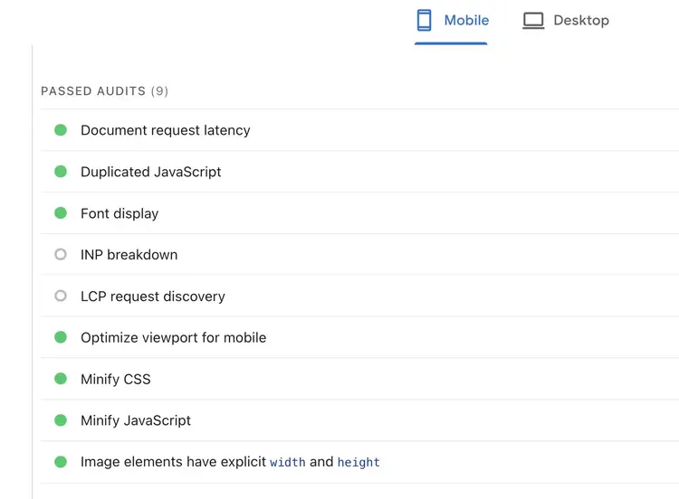 PageSpeed Insights report showing the “Passed Audits” section with mobile-friendly checks such as viewport configuration and readable font sizes.