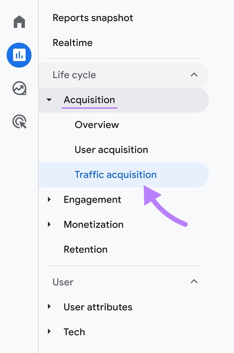 Navigating to “Traffic acquisition” in Google Analytics menu