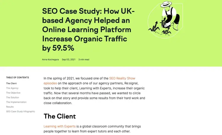 Semrush's SEO case study blog page