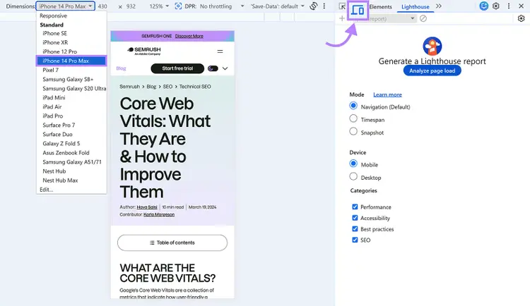 Chrome DevTools device toolbar and Lighthouse mobile audit setup for testing landing page responsiveness
