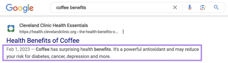 Google SERP result for the term 'coffee benefits' with the meta description highlighted.