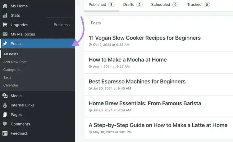 WordPress dashboard showing Posts section with published blog posts and sidebar navigation options highlighted