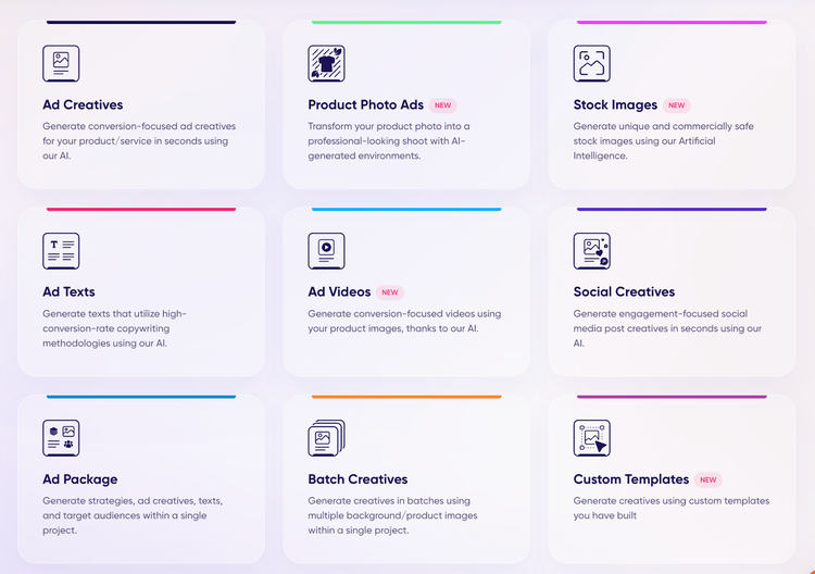 Feature grid showing ad creation options like creatives, videos, texts