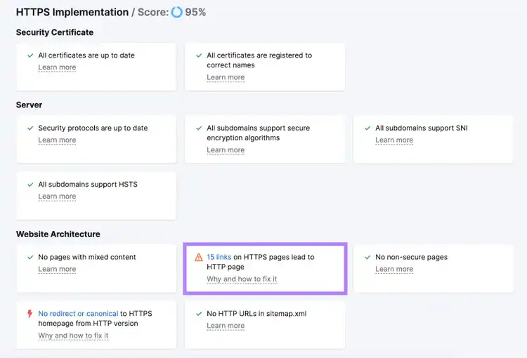 The HTTPS Implementation report shows a number of links on HTTPS pages lead to HTTP pages.