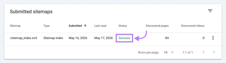 Submitted sitemap report in Google Search Console showing successful sitemap status
