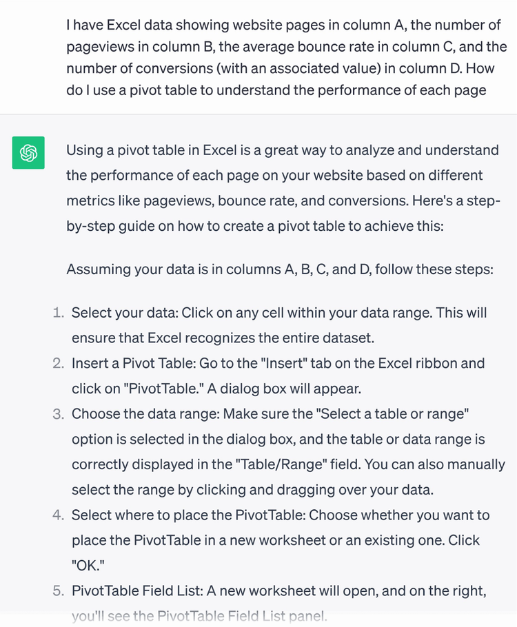 A prompt asking ChatGPT for help in using a pivot table in Excel