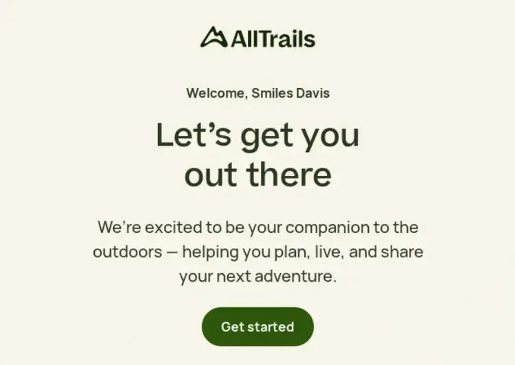 AllTrails's welcome email