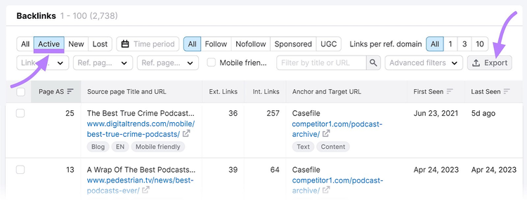 Click the “Active” tab to filter backlinks