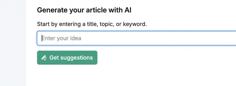 Generate article form with title/topic input and suggestions button