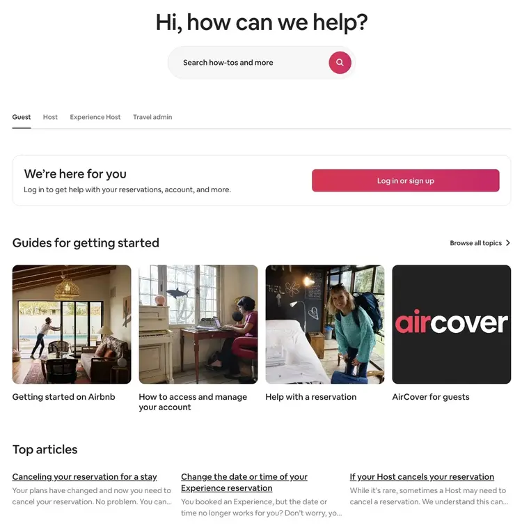 Airbnb’s "Hi, how can we help?" FAQ page