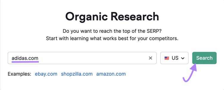 "adidas.com" entered into Organic Rankings tool search bar