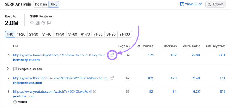open webpage icon highlighted next to url