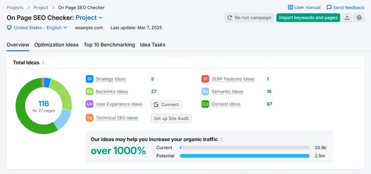 On Page SEO checker showing total ideas report