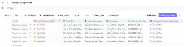 Refresh Existing Content on AirOps showing a list of URLs along with title, body, meta description, etc.