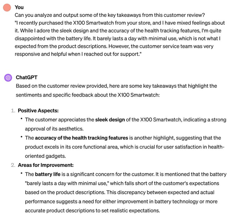 A prompt asking ChatGPT to analyze a given customer review