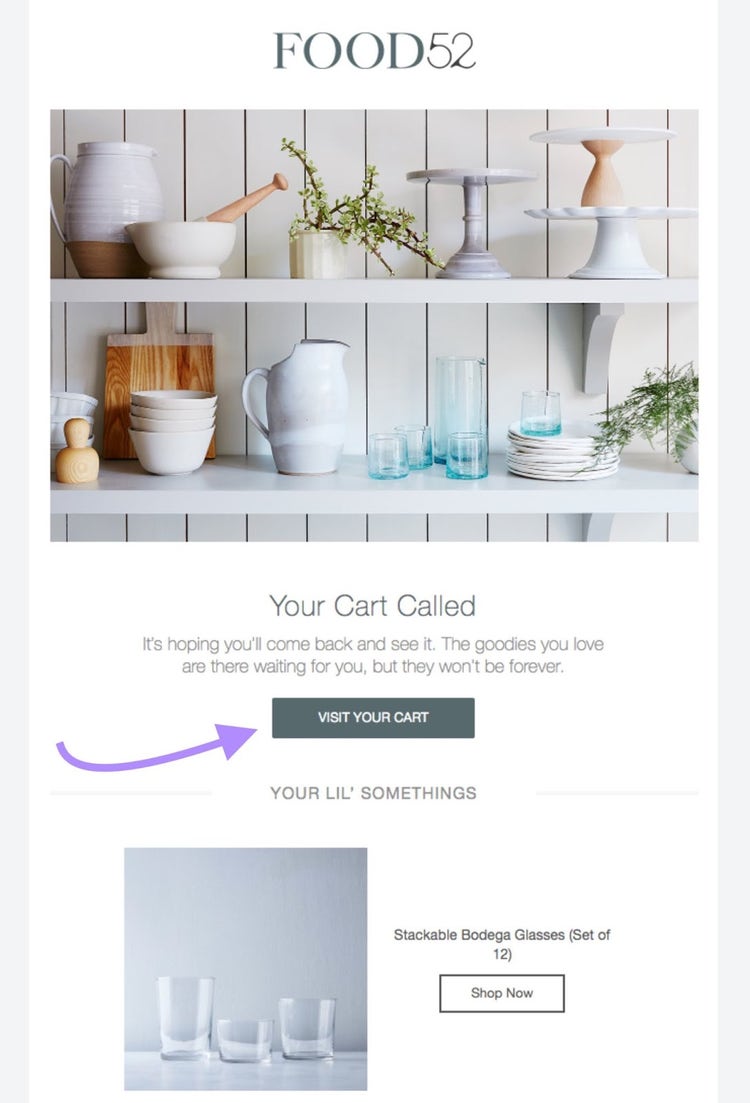 An email from kitchen retailer Food52 reminding user about items in the cart