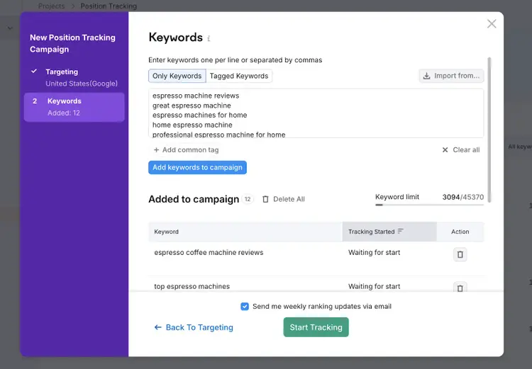 Position Tracking Campaign setup dialog: espresso machine, great espresso machine keywords added