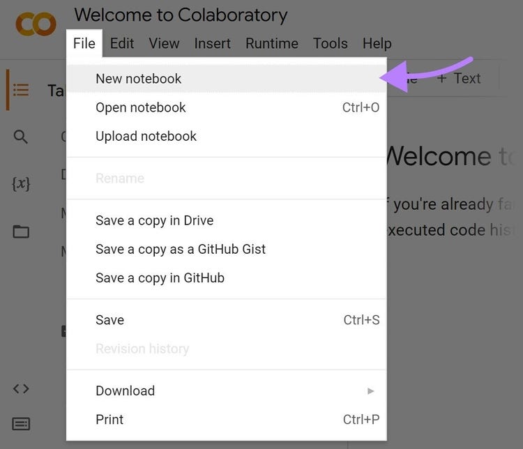 open new notebook in Google Colab