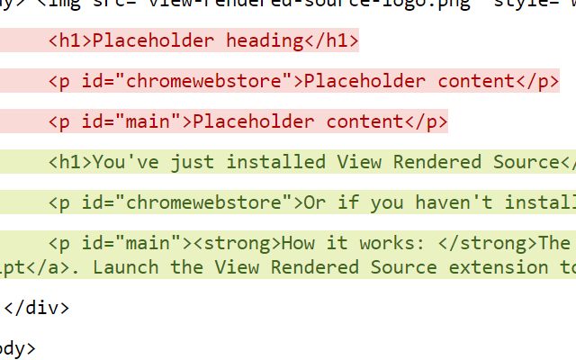 View Rendered Source showing HTML code comparison with placeholder content