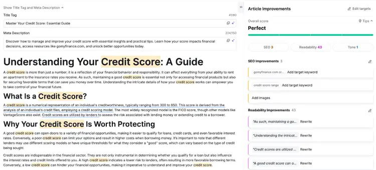 Article editor showing improvement suggestions with SEO scores and content analysis metrics