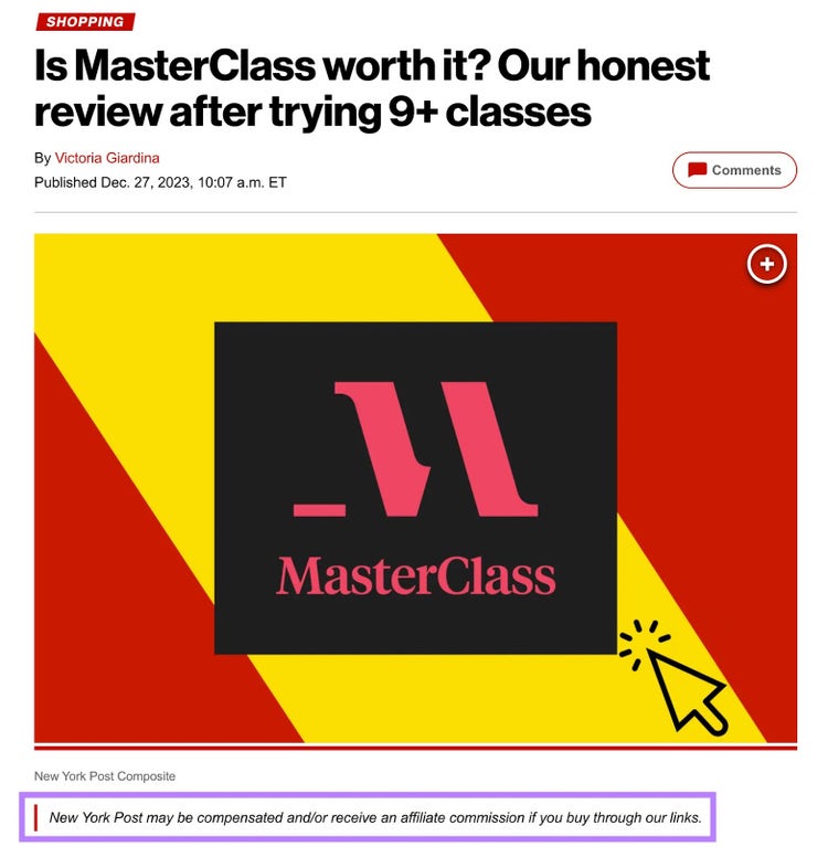 An article on the New York Post reviewing an online education platform MasterClass with the affiliate disclosure highlighted.