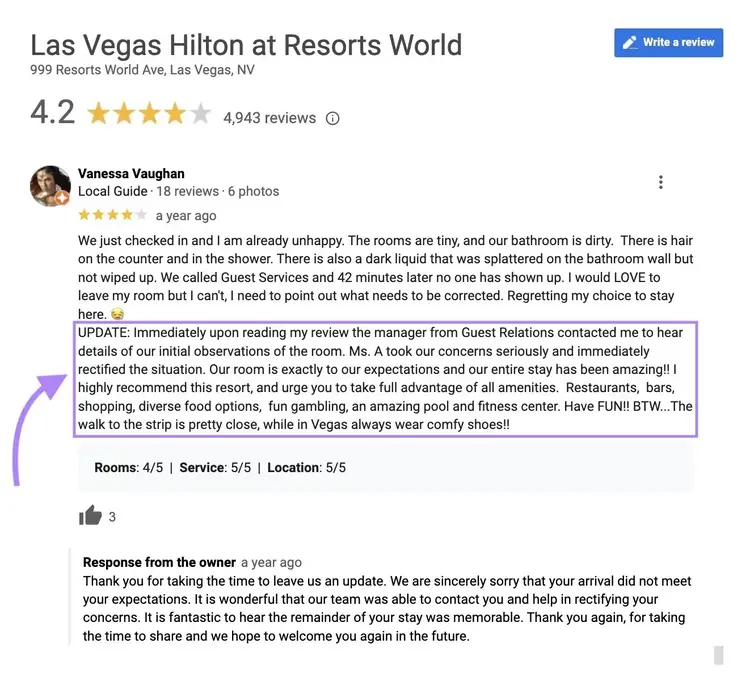 Example of a hotel helping an unhappy customer to get a positive review.