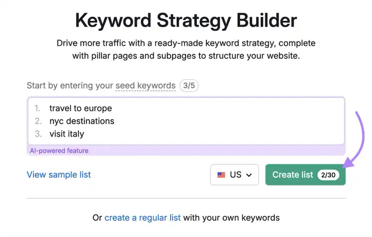 keywords entered into Keyword Strategy Builder