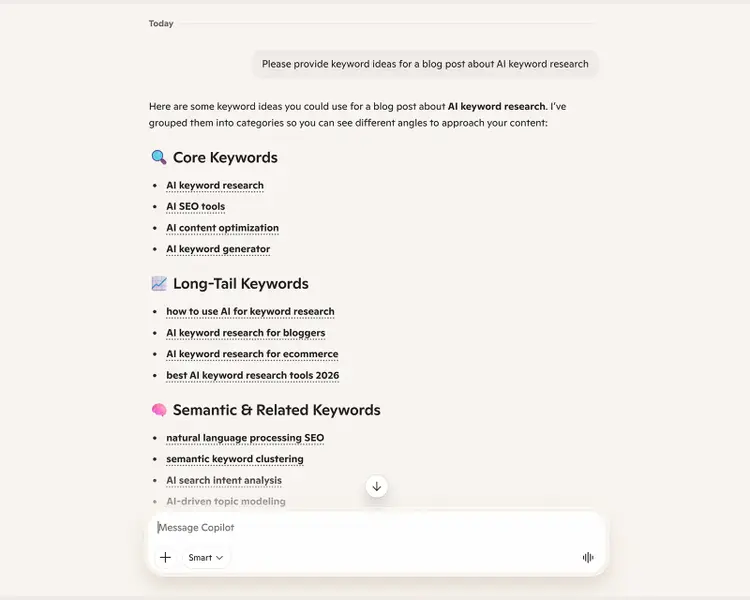Copilot grouping AI keyword research ideas into core, long-tail, and related keywords