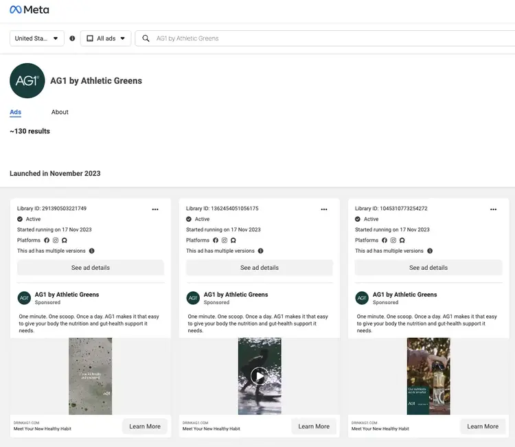 Meta’s Ad Library results for "AG1 by Athletic Greens"